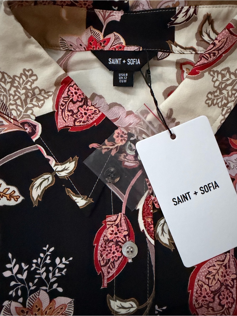 Saint+Sofia Floral Button-Up Long-Sleeve Shirt Black & Cream Size M NWT - Picture 9 of 11